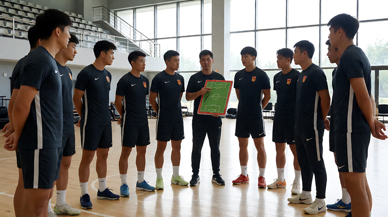 职业足球队在训练基地进行赛前战术训练的准备场景